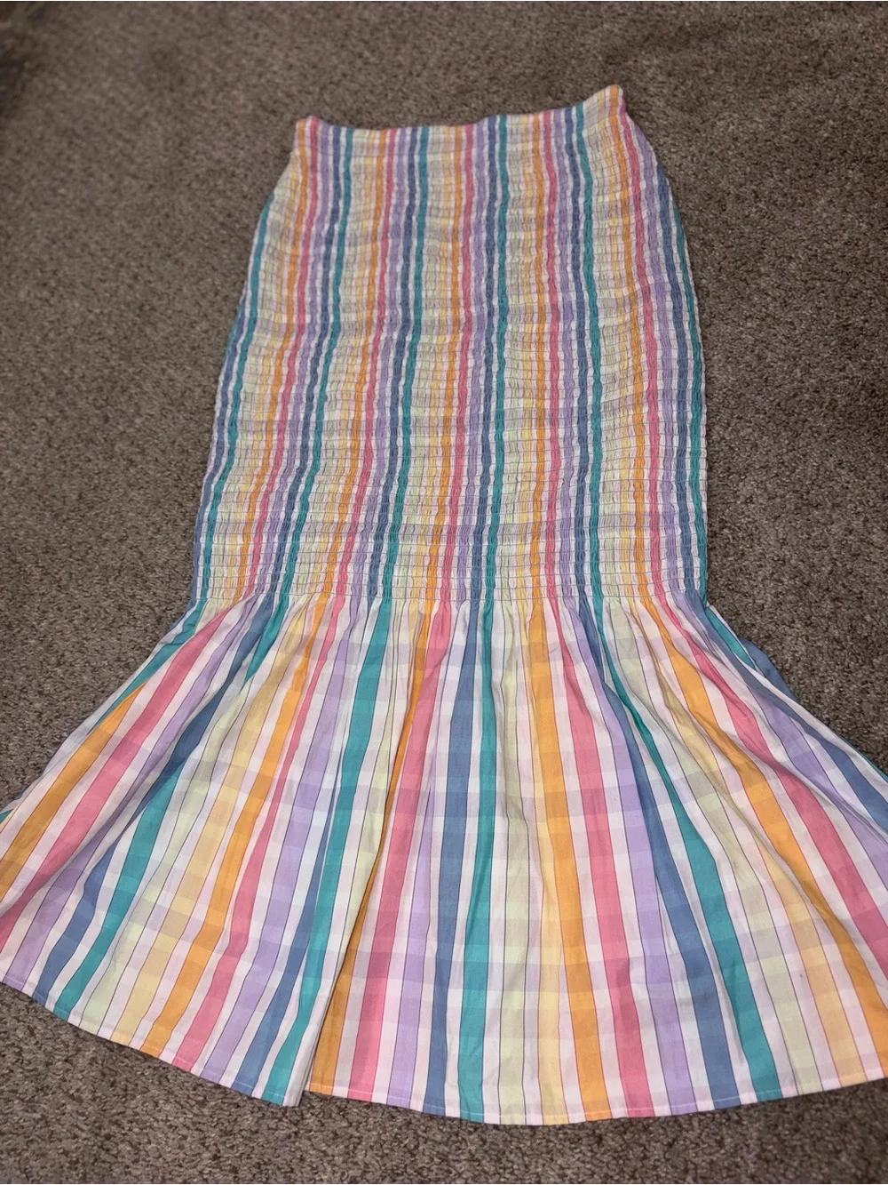 New J. Crew Re-Imagined Pastel Rainbow Striped Smocked Mermaid Midi Skirt size 0